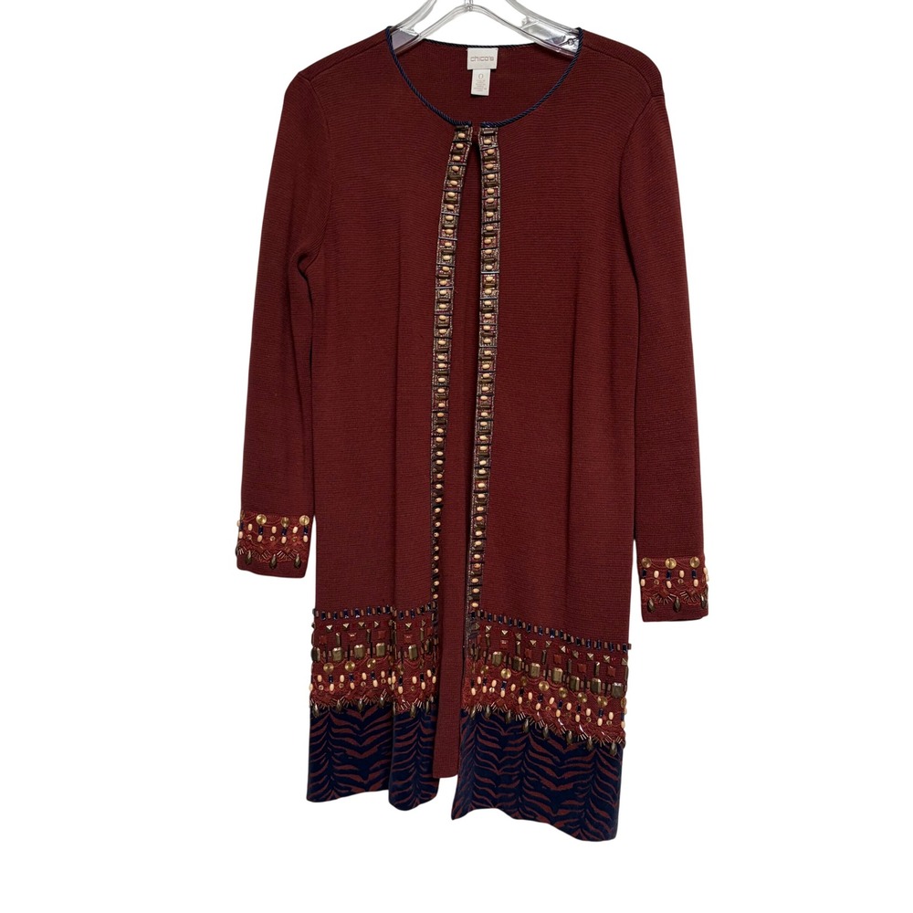 Chicos Womens Mahogany Over the Top Cardigan Sweater Beaded Longline Size 0 S